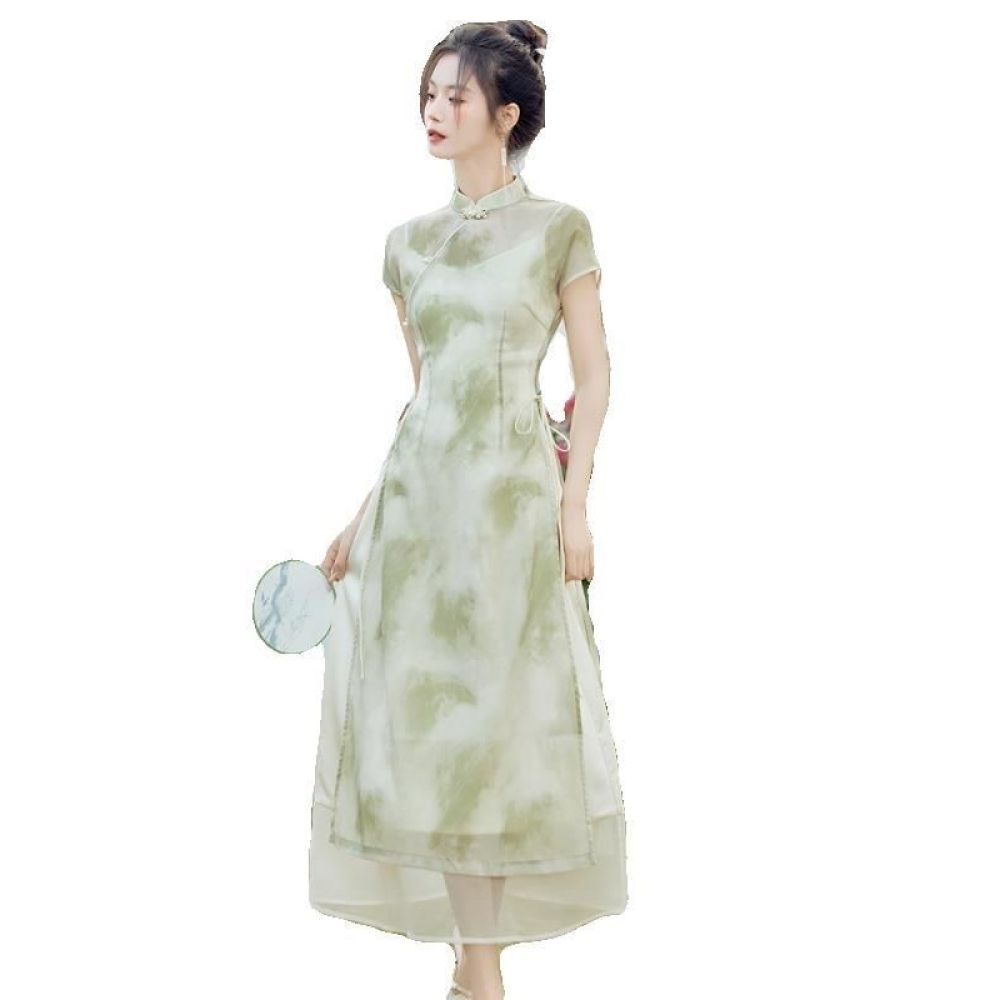 Chinese Style Modified Cheongsam Suspender Blouse Dress Suit