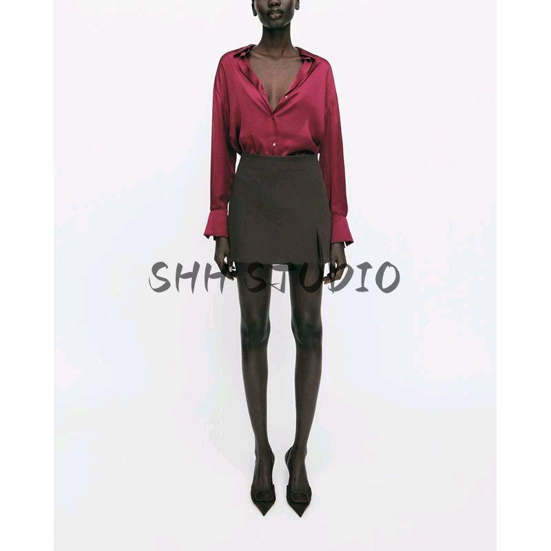 Spring New Women's Clothing Lapel Silk Satin Texture Classic Vertical Shirt 2074580 2074140