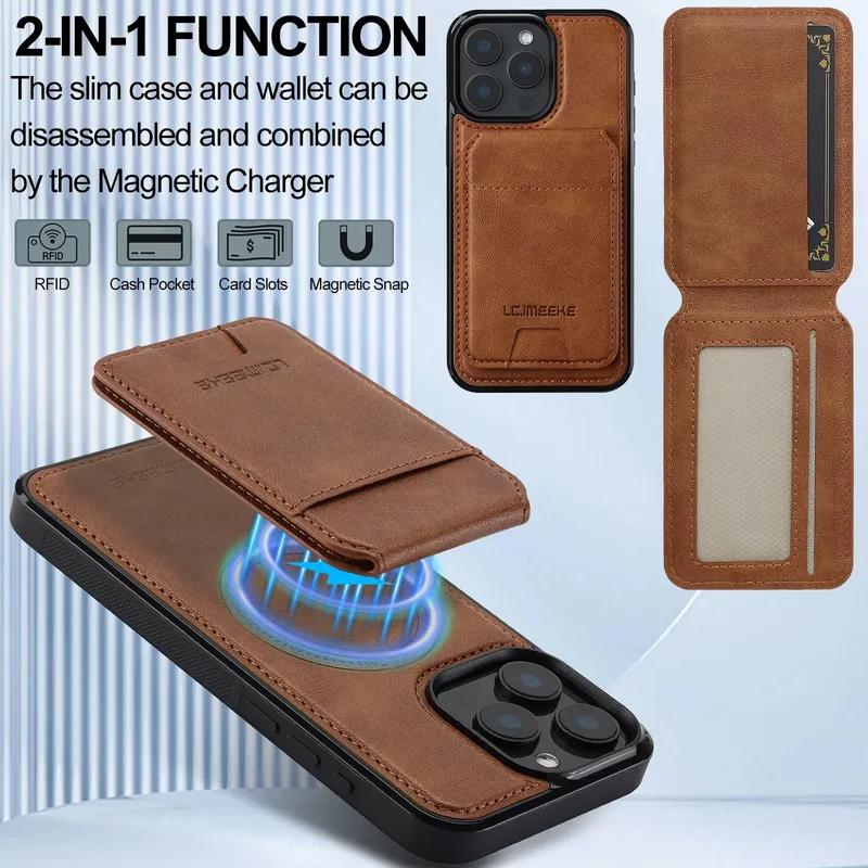 Съемный Магнитный Чехол-Книжка 2 в 1 из Кожи для iPhone17 16 15 14 13 12 11 Pro XS Max Air Plus SE с Карманчиком для Карт