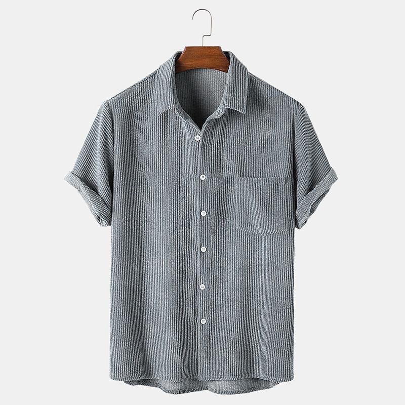 Мужские вельветовые рубашки с коротким рукавом, однотонные топы на пуговицах