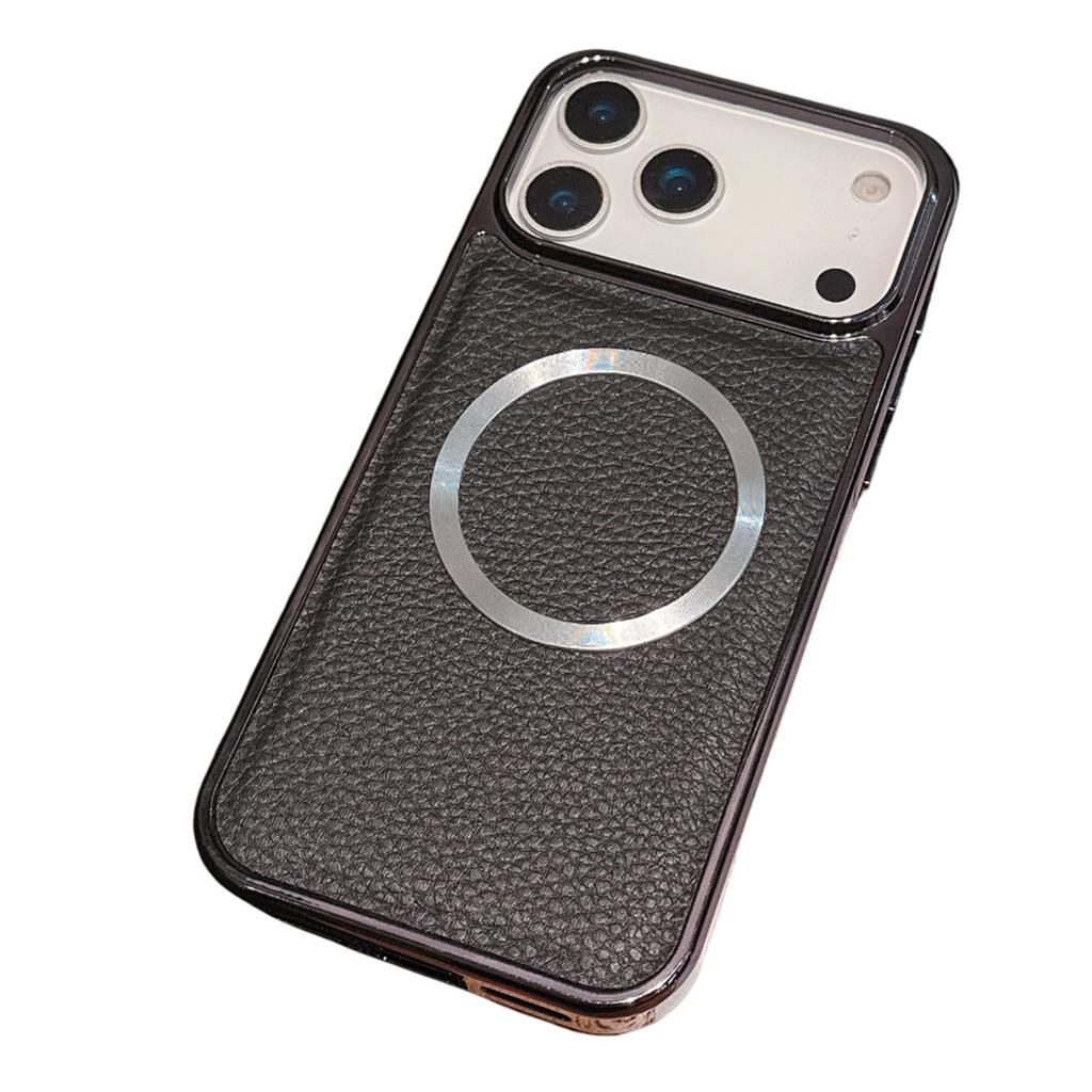 For iPhone 17 Pro Magnetic Case Electroplating Litchi Texture PU TPU PC Phone Back Cover