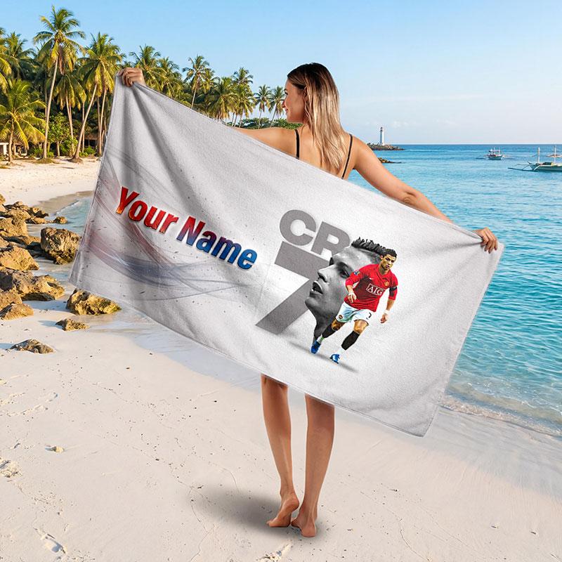 Cristiano Ronaldo Custom Beach Towel, Personalized Name Text Print, Football Logo Soft Quick‑Dry Towel Holiday Gift