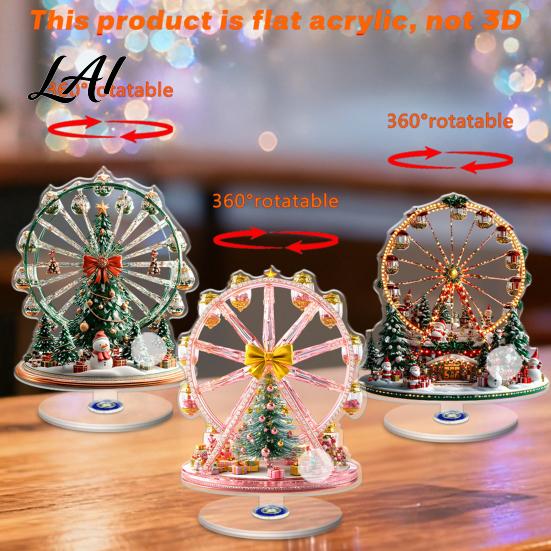 Festive Desktop Decor Acrylic Ferris Wheel Christmas Ornament 360° Rotating Snow House Tabletop Holiday Ornaments Decor Decoration for Offices Home