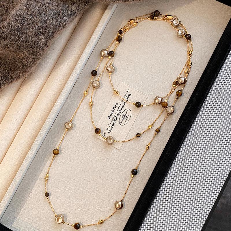 Модное Винтажное Многослойное Ожерелье с Тигровым Глазом и Жемчугом для Женщин Модное Осенне-Зимнее Шарм-Украшение