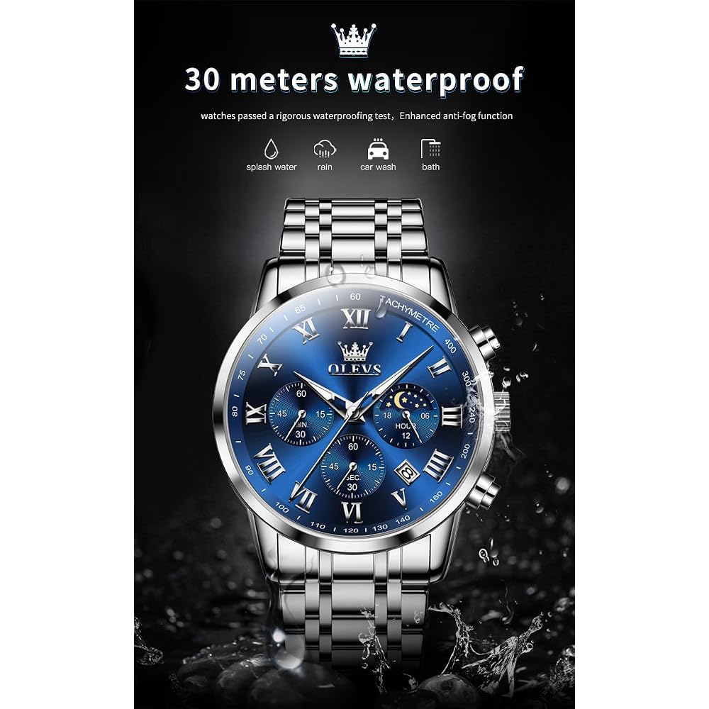 OLEVS Men's Classic Quartz Watch Stainless Steel Band Waterproof Analog Date Night Vision Fashion Timepiece