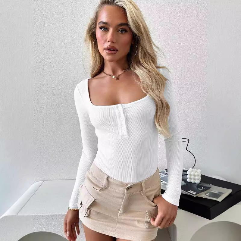 European and American Women's Autumn and Winter New Button Square Neck Fashionable Top Sexy Spicy Girl T-shirt Thread Solid Color Long Sleeved Shirt