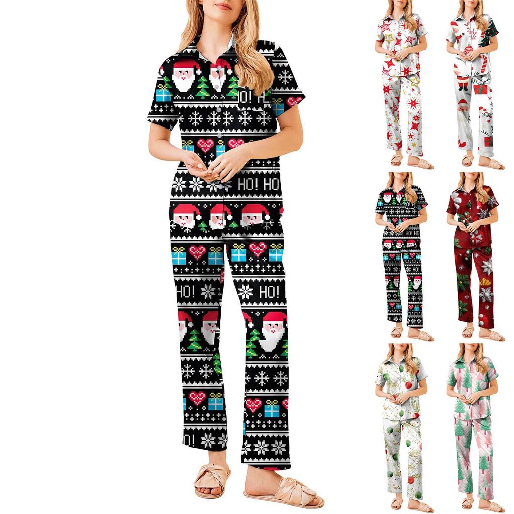 Женский рождественский пижамный комплект с принтом, женские короткие рукава, длинные брюки, комплект из двух предметов, застегивающийся на пуговицы, домашняя одежда