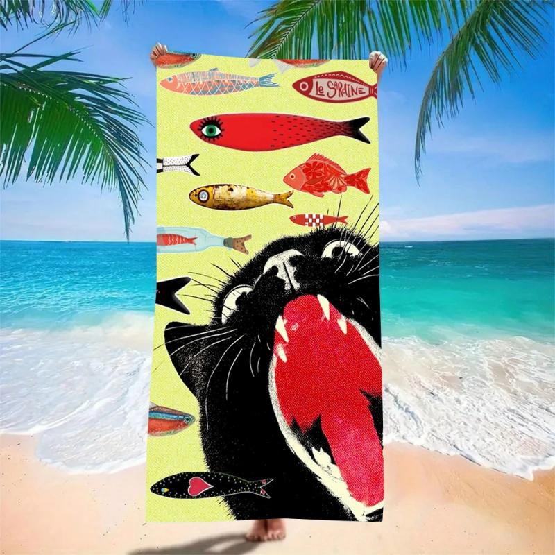 Funny Black Cat Beach Towel Super Absorbent Quick Dry Microfiber Bath Blanket Retro Red Stripes for Picnic & Seaside Relaxation