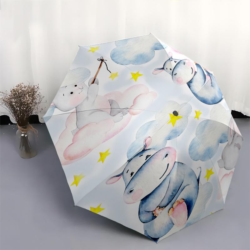 Bunny, Hippo Automatic folding umbrella simple eight rib design, bright color pattern, durable iron frame, ideal for travel and outdoor, be