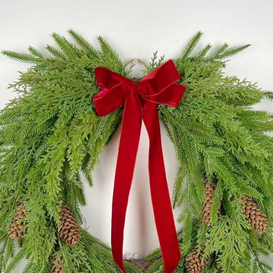 16 Inch Real Touch Norfolk Pine Christmas Wreath for Front Door Faux Cedar Greenery Wreath with Pine Cones And Bows for Wall Window Farmhouse Outdoor