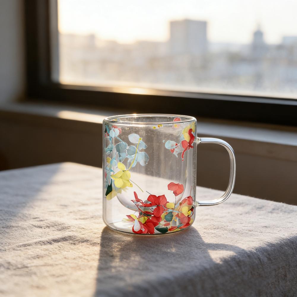 Double Wall Glass Coffee Mug with Handle Colorful Petal Design Tumbler Creative Insulated Cup for Hot Cold Beverages Cappuccino