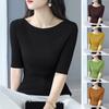 Women Tops Slim Fit Solid Color Ribbed T-Shirt Round Neck Half Sleeve