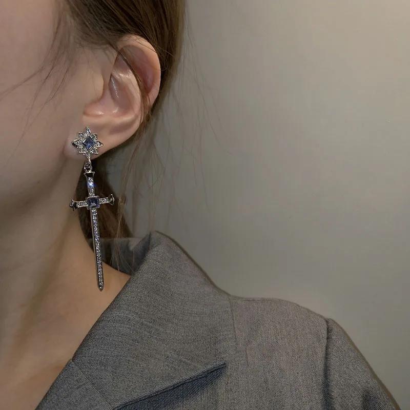 JWER Vintage Shine Crystal Zircon Cross Drop Earring For Women Girl Fashion Rhinestone Sword Earrings Punk Female Party Jewelry