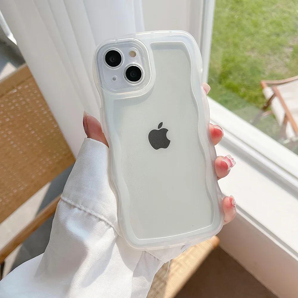 Для iPhone 16 15 14 13 12 11 Pro Max Mini XS SE 7 8 Plus Чехол Милый Прозрачный Волнистый Гибридный Ударопрочный Бампер Мягкий Фундас