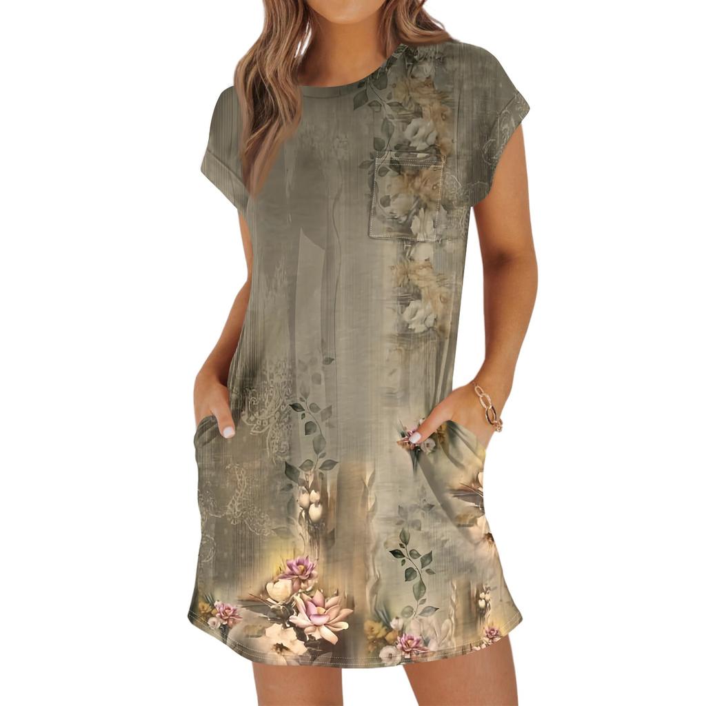 Женская мода повседневная летняя винтажная цветочная печать короткий рукав круглый вырез свободное платье с карманами