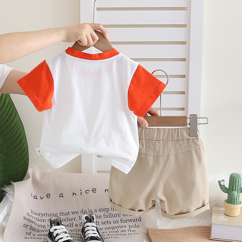 Комплект с короткими рукавами для мальчиков Детская футболка с круглым вырезом и рисунком из мультфильма Цветные блоки Повседневные шорты Комплект из двух предметов Удобная одежда Для малышей