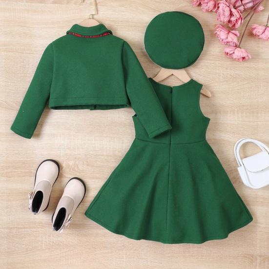 4 шт./компл., платье для девочек, куртка-берет, шапка с лентой и бантом, осень-зима, однотонное короткое пальто с отложным воротником, без рукавов, с круглым вырезом, комплект платьев трапециевидной формы с рюшами по подолу