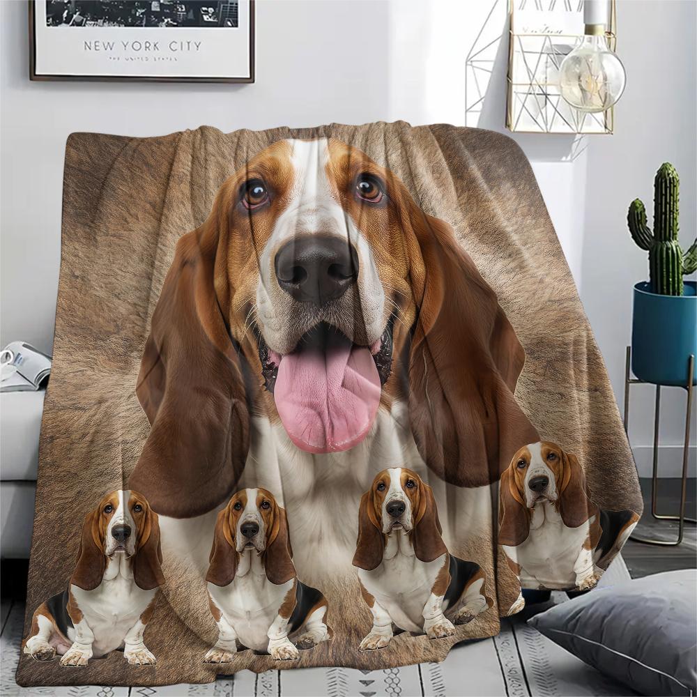 1Pc Basset Hound Print Flannel Blanket, High quality Comfortable for All Seasons, Home Decor, Warmth and Comfort, Perfect for Gifts