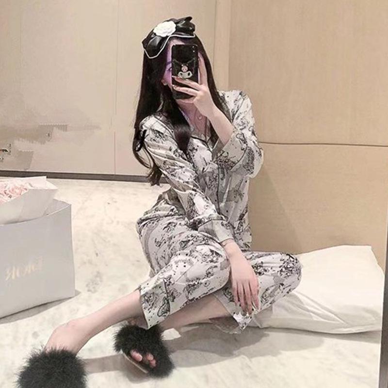 Женская шелковая пижама с цветочным принтом - С длинным рукавом, тонкая и стильная корейская домашняя одежда для весны/осени