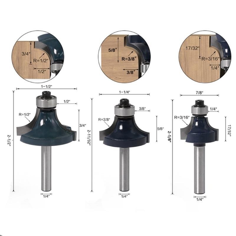652F Professional Edged Rounding Router Bit Set 3/8 3/4 1 Inch 3 Piece Alloy Steel Cutters Fit for 1/4 Inch Shank Tool