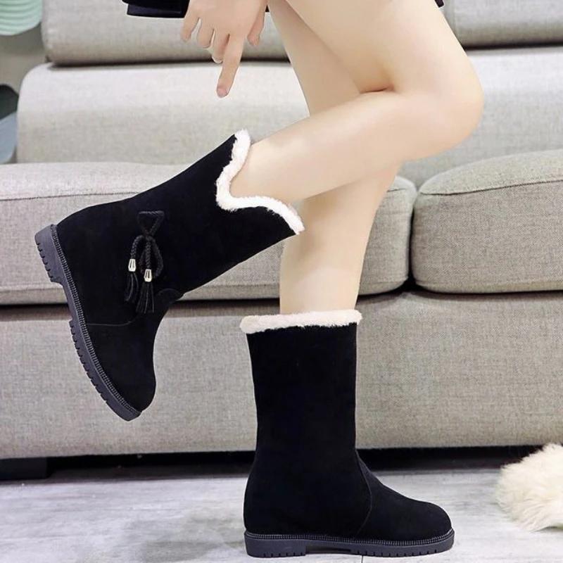 Shoes for Women Half High Mid Calf Womens Snow Boots Brown Tassel Elegant with Low Heels Work Winter 2024 Novelty Gyaru Fashion