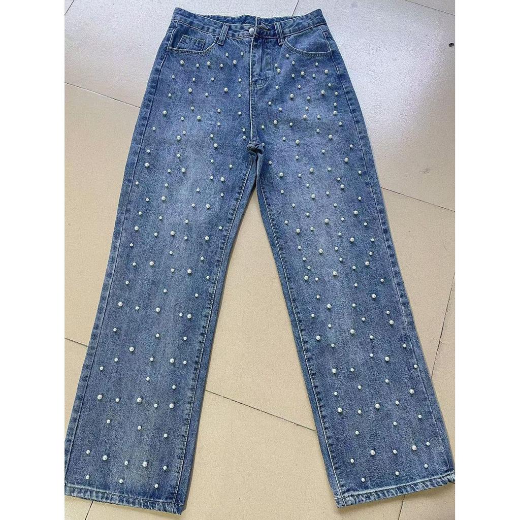 Women's Jeans Pants Beading High Waist Casual Straight Pants for Women Streetwear Elegant Splice Denim Female Trousers