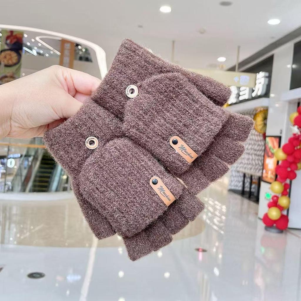 Women's Autumn/Winter Half-Finger Plush Flip Gloves: Warm Knitted, Cold-Proof, Cycling, Touchscreen Compatible
