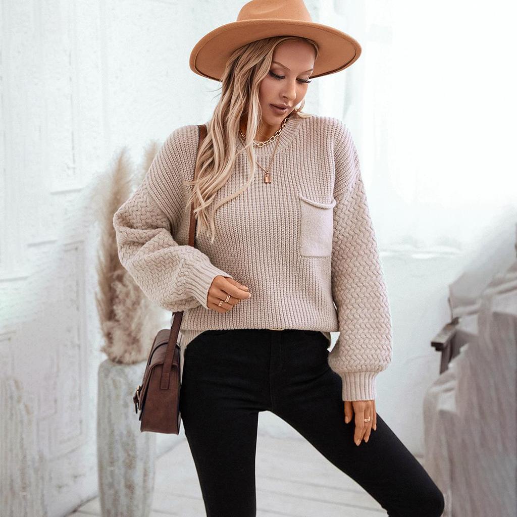 Осень-зима Винтажный свободный топ с длинными рукавами Однотонный пуловер Трикотажный свитер с круглым вырезом