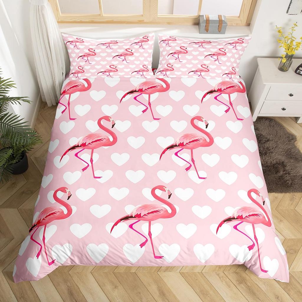 Chic Flamingo Duvet Cover Queen Beach Theme Tropical Animal Bedding Set, Coastal Sunset Comforter Cover Cute Wildlife Bed Set