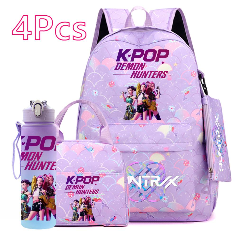 Набор рюкзаков с мультяшным принтом K-POP для подростков - Включает рюкзак, сумку, пенал и бутылку для воды 750 мл