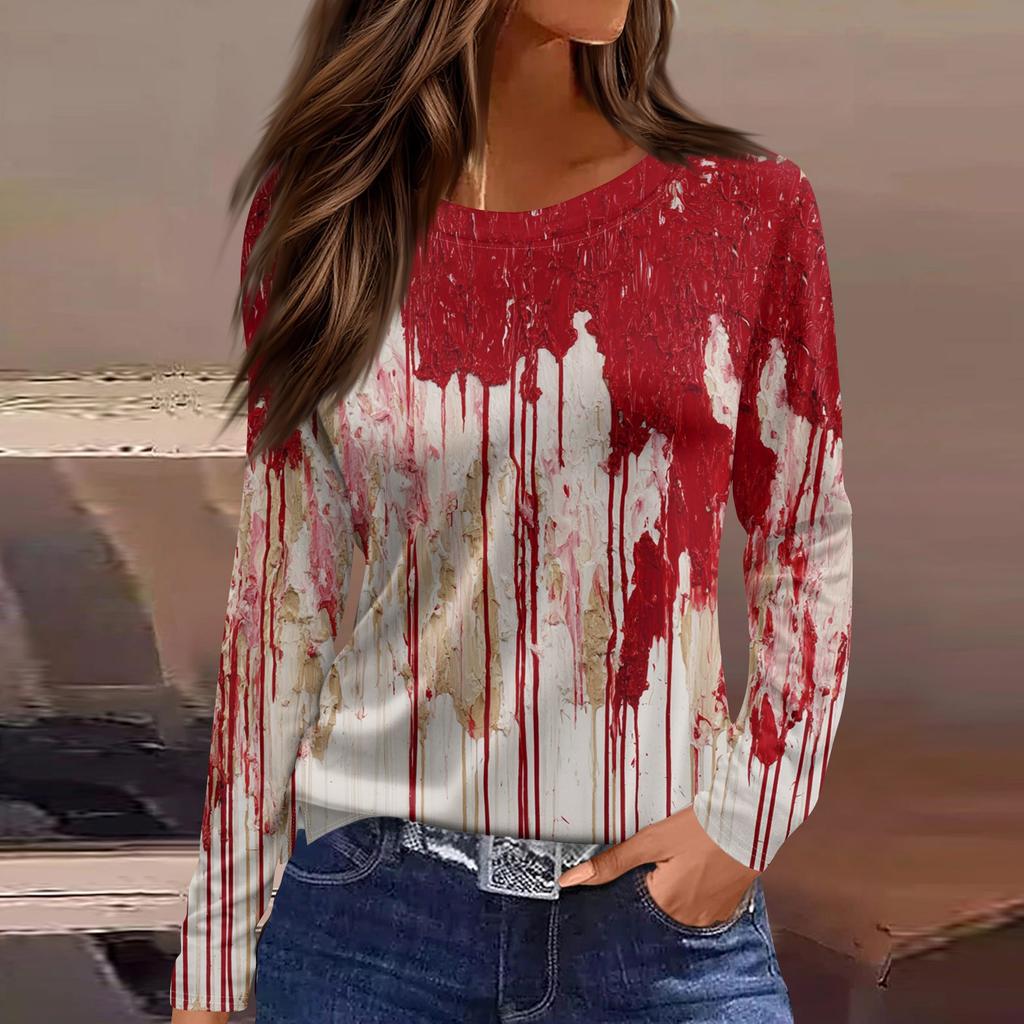 Женская модная повседневная футболка с разрезом по подолу, принтом на Хэллоуин, круглым вырезом и длинным рукавом