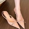 Модные женские сандалии с открытой пяткой, с мелким вырезом, на среднем каблуке, на высоком каблуке, с острым носком и бантом, для весны и лета
