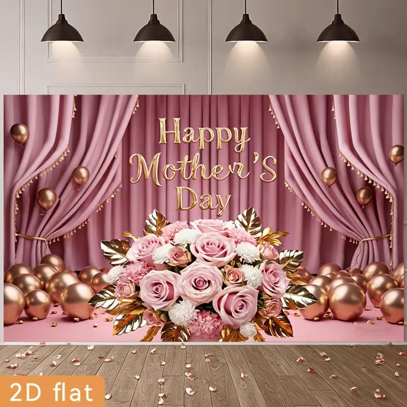 2D Pink Curtain Rose Happy Mother's Day Backdrop Photo Background