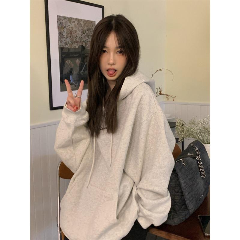 Корейский мешковатый женский топ с буквенным принтом, пуловер с капюшоном, осенняя модная толстовка, толстовка с длинными рукавами