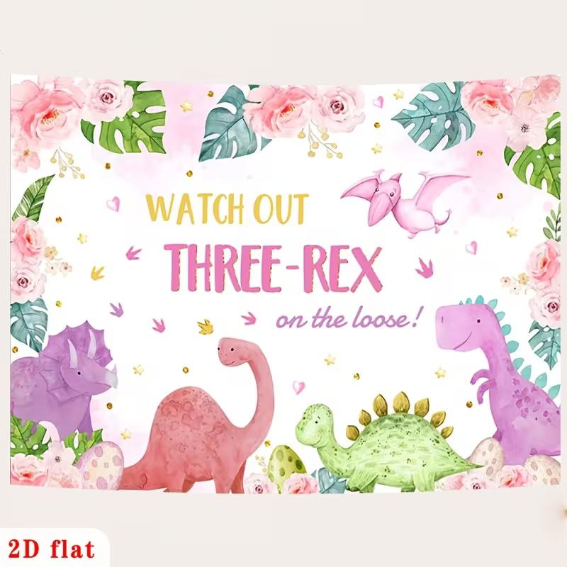 2D "Watch Out Three-Rex" Pink Watercolor Dinosaur 3rd Birthday Backdrop