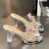 Fashion Luxury Crystal High Heels Slippers Designer Flower Shallow Shoes Summer New Sandals Pumps 2025 Brand Chunky Zapatillas De Mujer