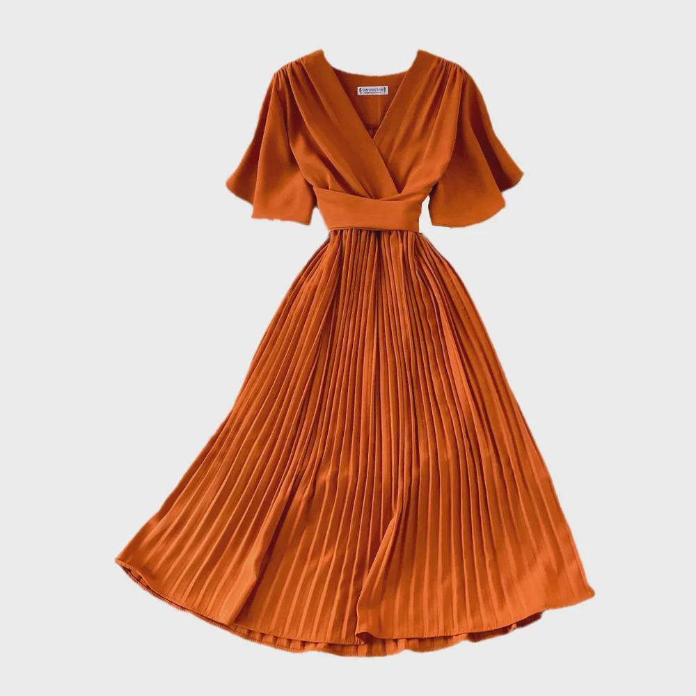 Летнее платье миди с V-образным вырезом и короткими рукавами 2022 года с заниженной талией и плиссировкой