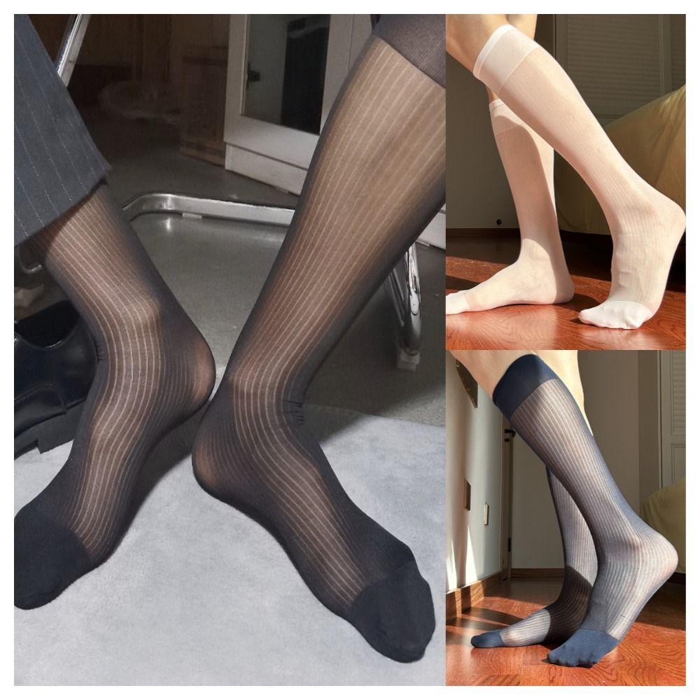 Translucent Solid Color Business Stockings Stripe Men Thin Dress Tube Socks Comfortable Male