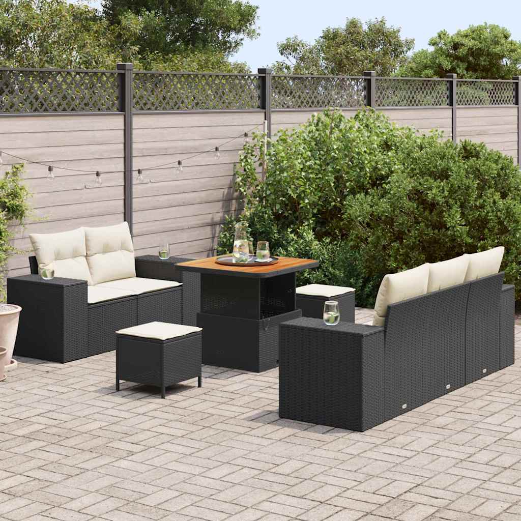 8 Piece Garden Sofa Set with Cushions Black and Cream Poly Rattan