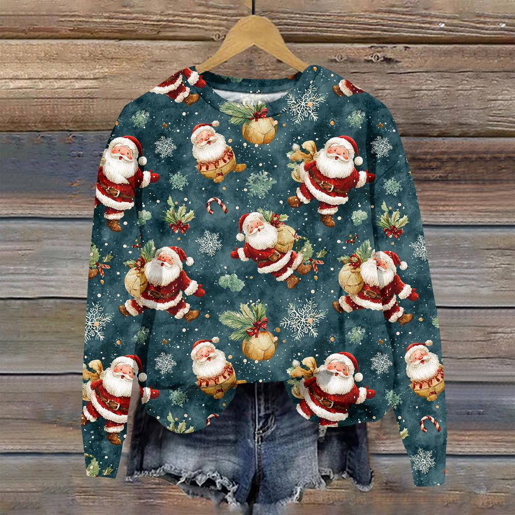 Women's Fashion Christmas Printed Long Sleeve Loose Round Neck Sweatshirt Top