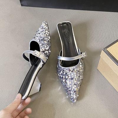 Французский острый носок толстый каблук сумка голова полушлепанцы модная верхняя одежда туфли Мюли с пайетками одинарные туфли женские весна и осень 2025 новинка