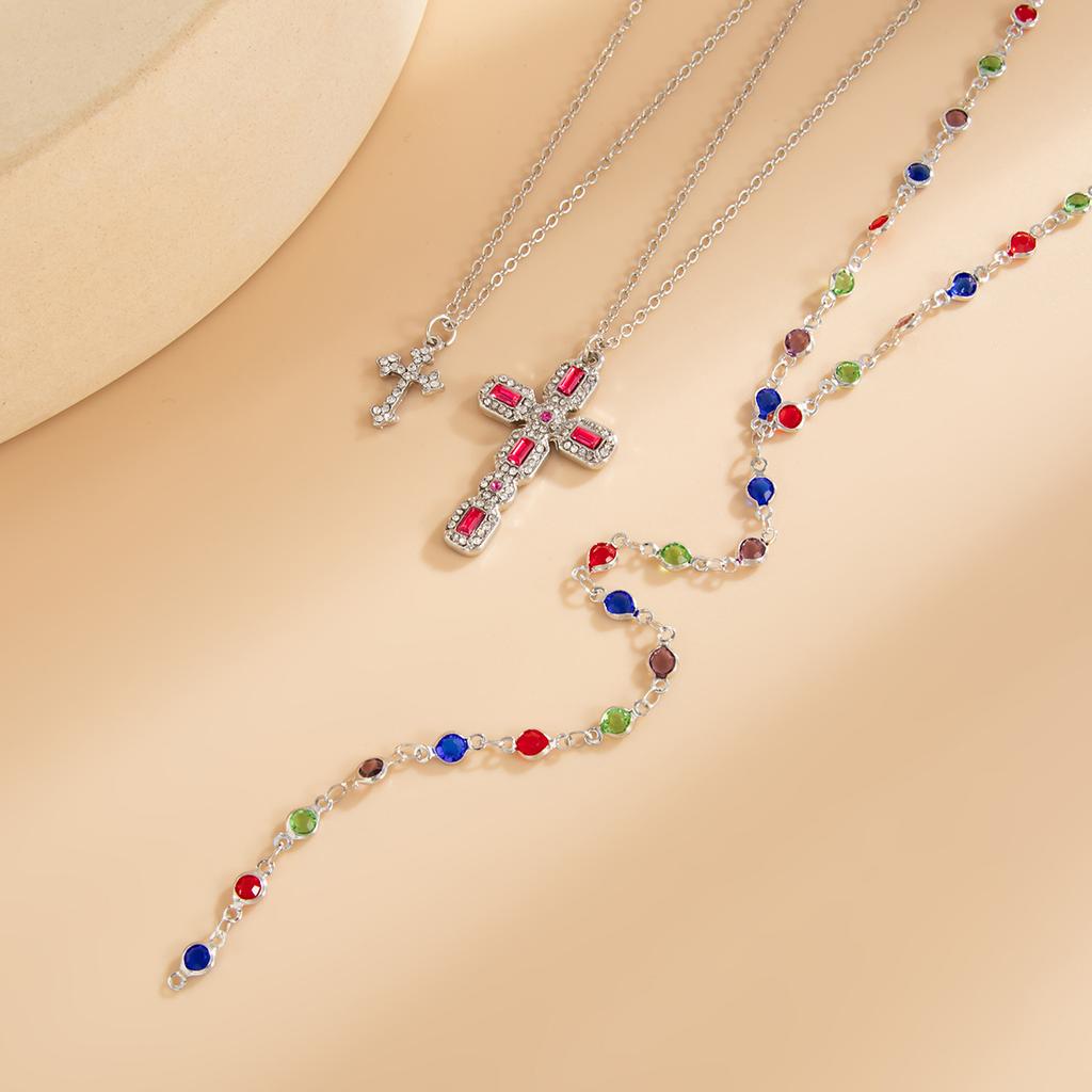 3Pcs/Set Colorful Crystal Cross Pendant Necklace for Men Hip Hop Adjustable Choker Collar Chain Christian Jewelry Accessories