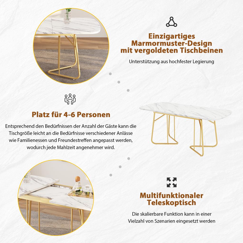White Extendable Dining Table with Marble Structure, Gilded Metal Table Legs, 140/180*80 cm, Exquisite Luxury, Rectangular, Suitable for 4–6 Persons