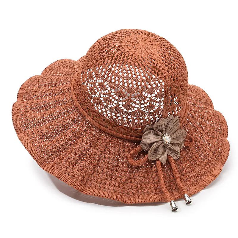 WTEMPO Women Spring Summer Wide Brim Bow Flower Solid Color Sun Hats Hollow-out Outdoor Breathable Foldable Beach Sunscreen Hats