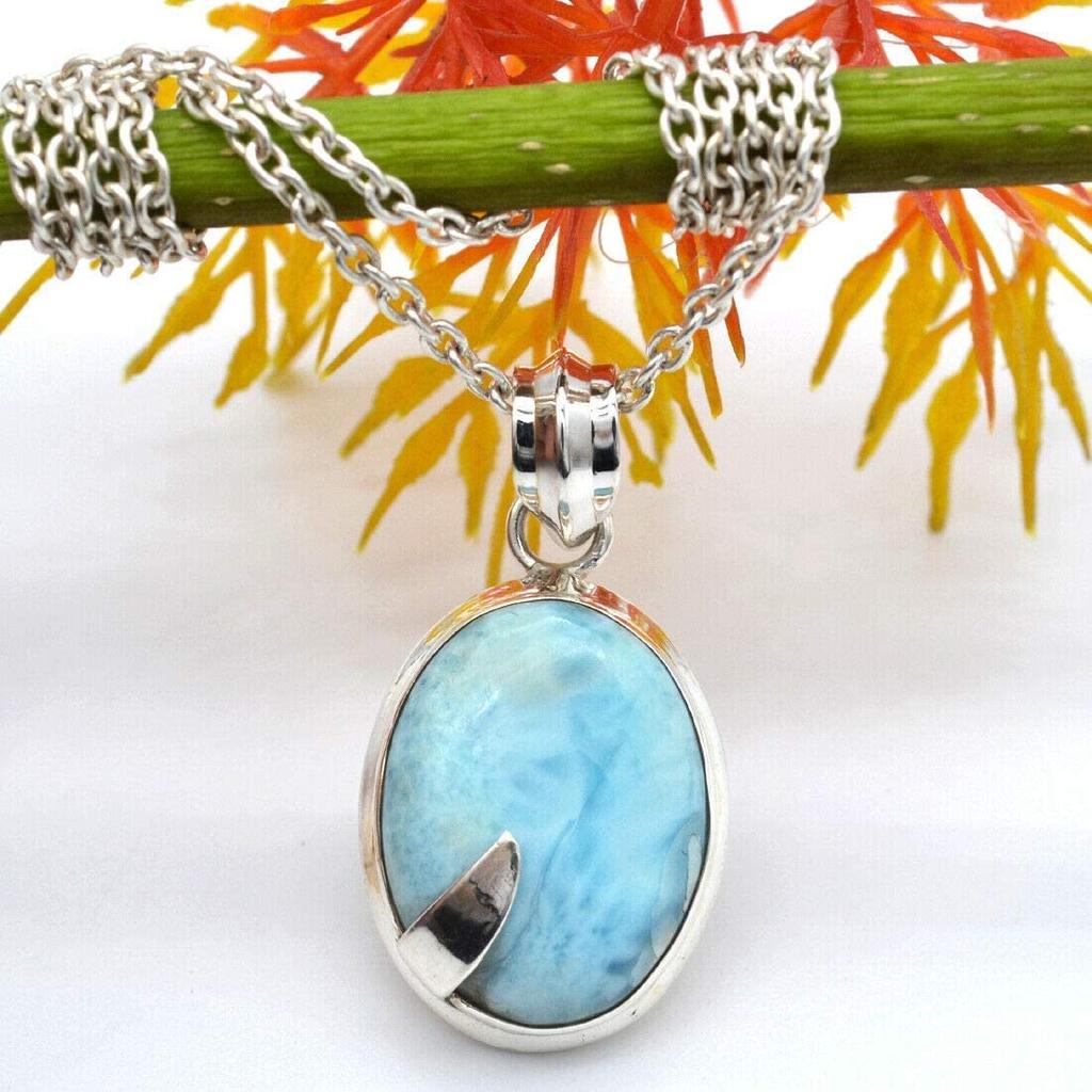 Овальный Кабошон Натуральный Ларимар (14,52 карата) Ожерелье с подвеской Твердая подвеска из стерлингового серебра 925 пробы с цепочкой Ювелирные изделия для женщин или девочек