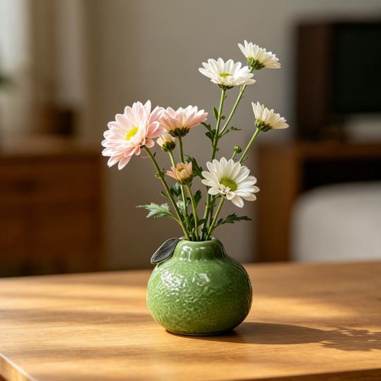 Orange Shaped Decorative Ceramic Bud Vase, Modern Fruit Design Small Hydroponic Planter for Home, Room, Office, Tabletop Decor