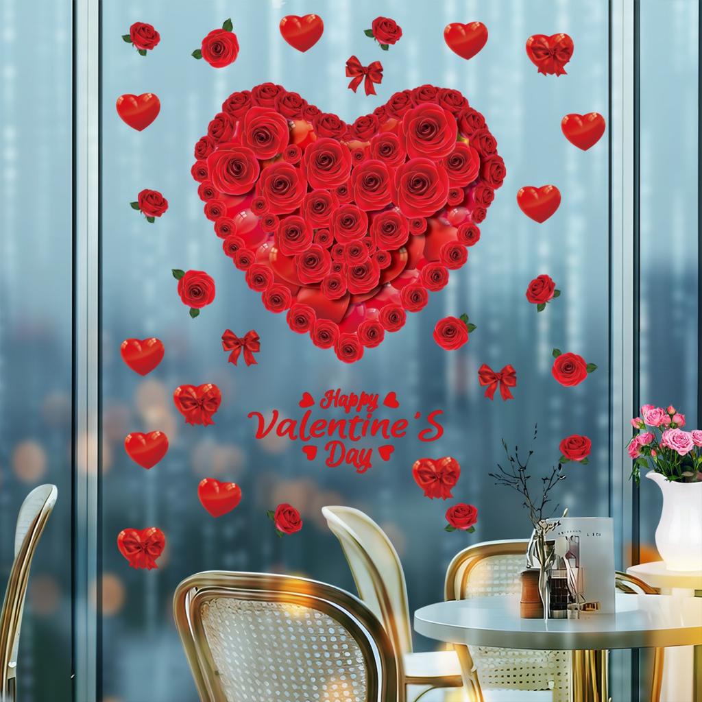 1 Sheet Happy Valentines Day Window Clings For Glass Window Red Rose Love Heart Window Clings Double Sided Visible Electrostatic Cling PVC Window