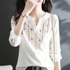 Женские весенне-осенние белые блузки, топы, женские повседневные винтажные свободные блузки с v-образным вырезом и длинными рукавами с вышивкой