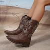 Модные вышитые ковбойские сапоги большого размера, женские осенне-зимние короткие сапоги с V-образным вырезом и массивным каблуком, однотонные с тотемным узором