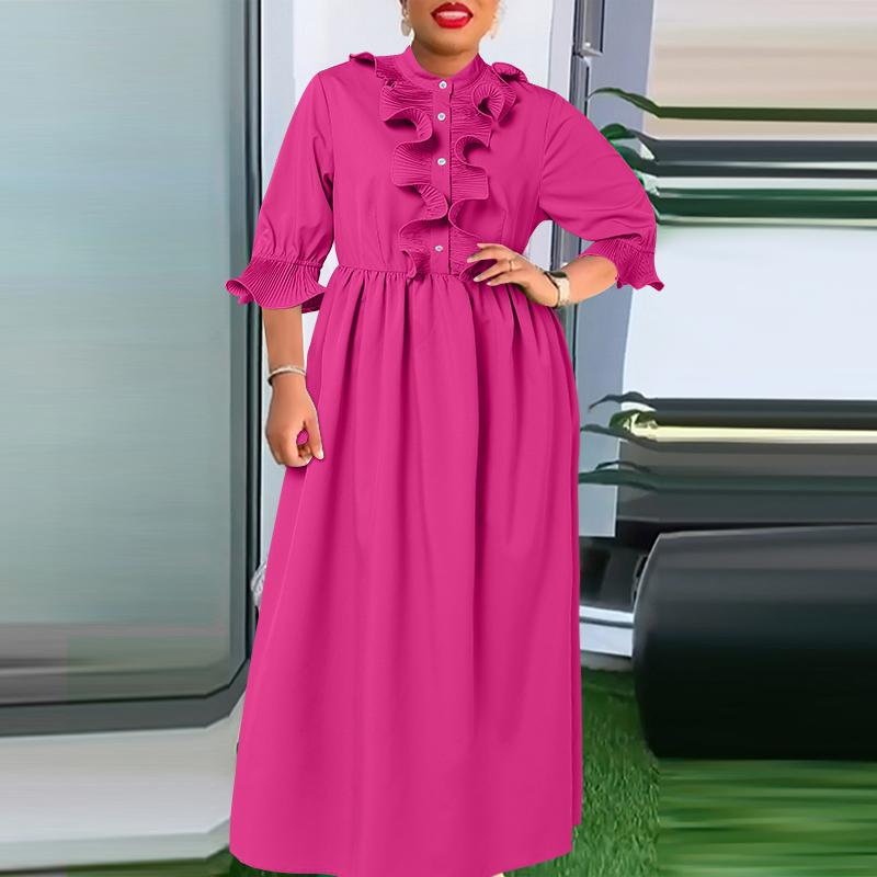 Plus Size Women Stand Vonda Collar Ruffled Mid Sleeve Solid Color Dresses